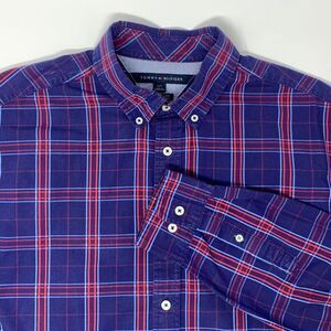 Tommy Hilfiger Red & Blue Plaid Long Sleeve Button Up Men's Shirt Size Large‎